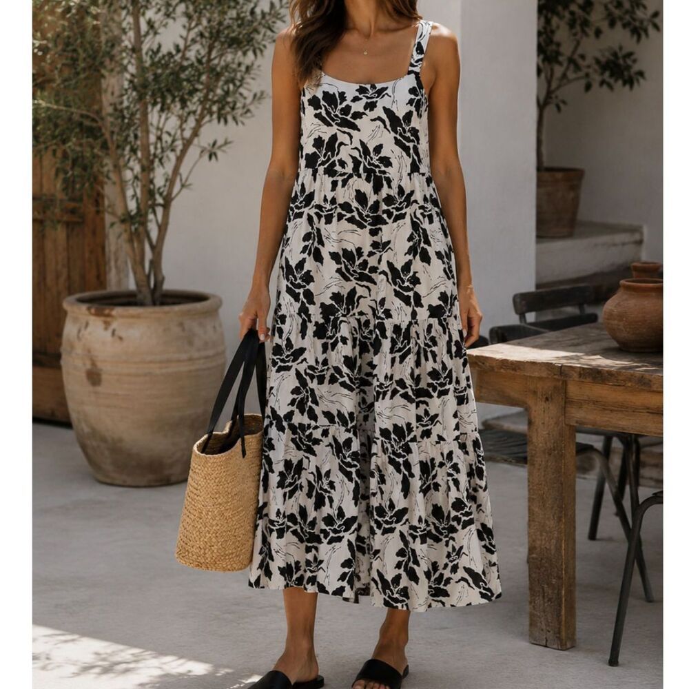 The Drop Britt Tiered Maxi Dress Black White Floral Cottagecore Boho Chic Size M
